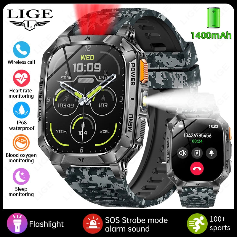 LIGE Outdoor Military Smart Watch Men 1400mAh Big Battery LED Flashlight SOS Alarm Bluetooth Call 100+Sports Modes Waterproof Smartwatch For Android IOS