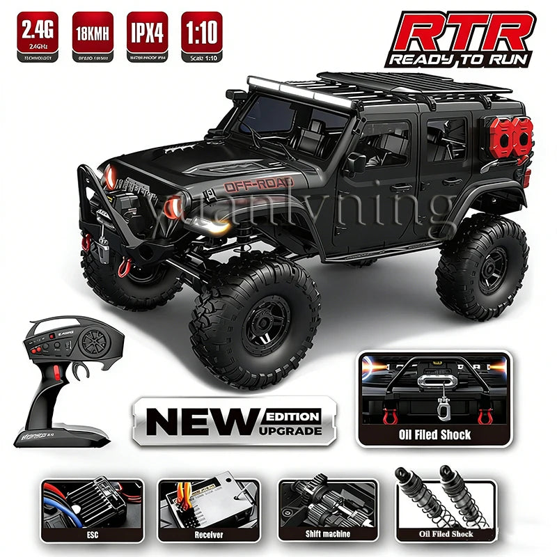 Coche RC 1/10 vehículo a control remoto 2.4G rock crawler de escala completa, camión todoterreno 4WD para escalar con luz LED