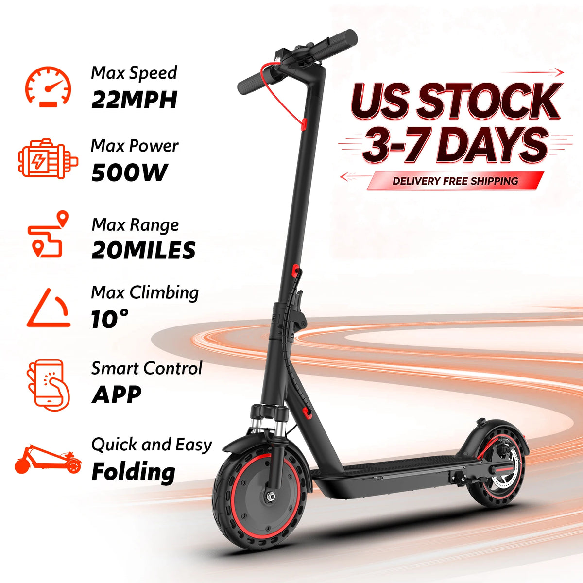 Scooter eléctrico plegable negro, vista lateral con ruedas de 10" y manillar alto
