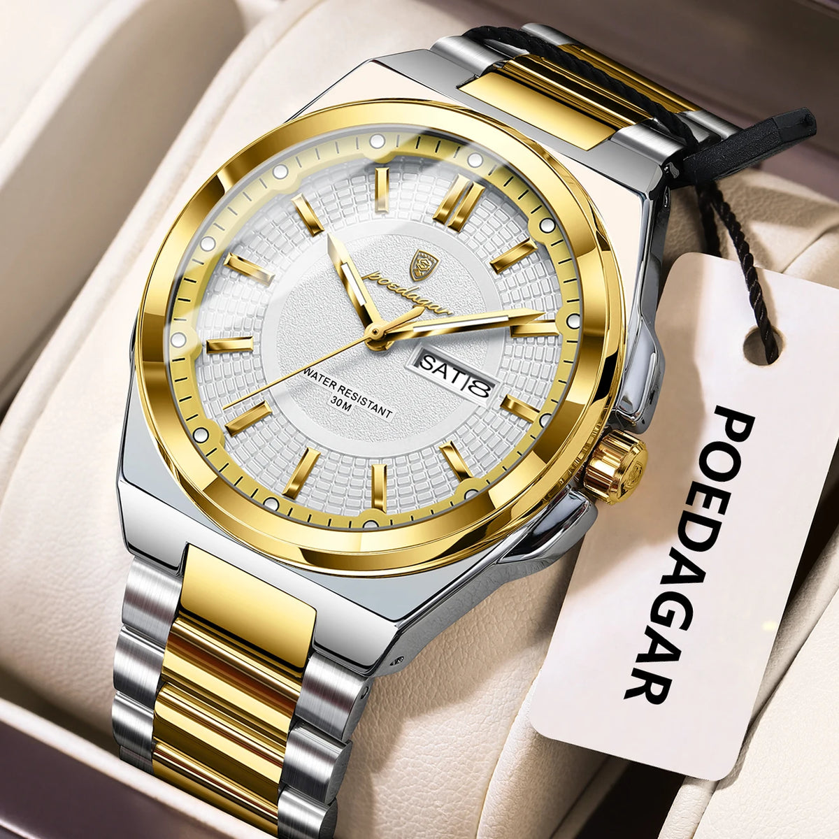 Reloj de pulsera deportivo original POEDAGAR para hombre, de cuarzo, fecha, semana, de lujo, resistente al agua, luminoso, de acero inoxidable