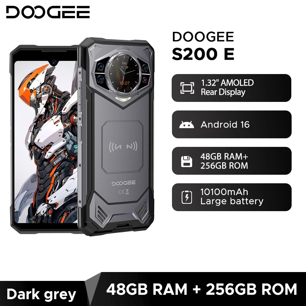 Estreno mundial del teléfono resistente DOOGEE S200E 5G, pantalla trasera de 1,32", 10100 mAh, 48 GB de RAM (8 GB + 40 GB), 256 GB de ROM, pantalla de 6,72", Android 16