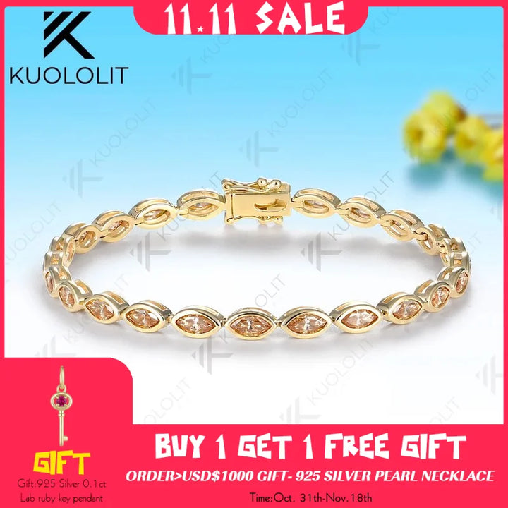 Pulsera Kuololit de Moissanita Champagne de 7.2CTW para Mujer, Oro Amarillo Sólido de 14K/10K, Corte Marquesa, para Regalos de Lujo en Fiestas Navideñas