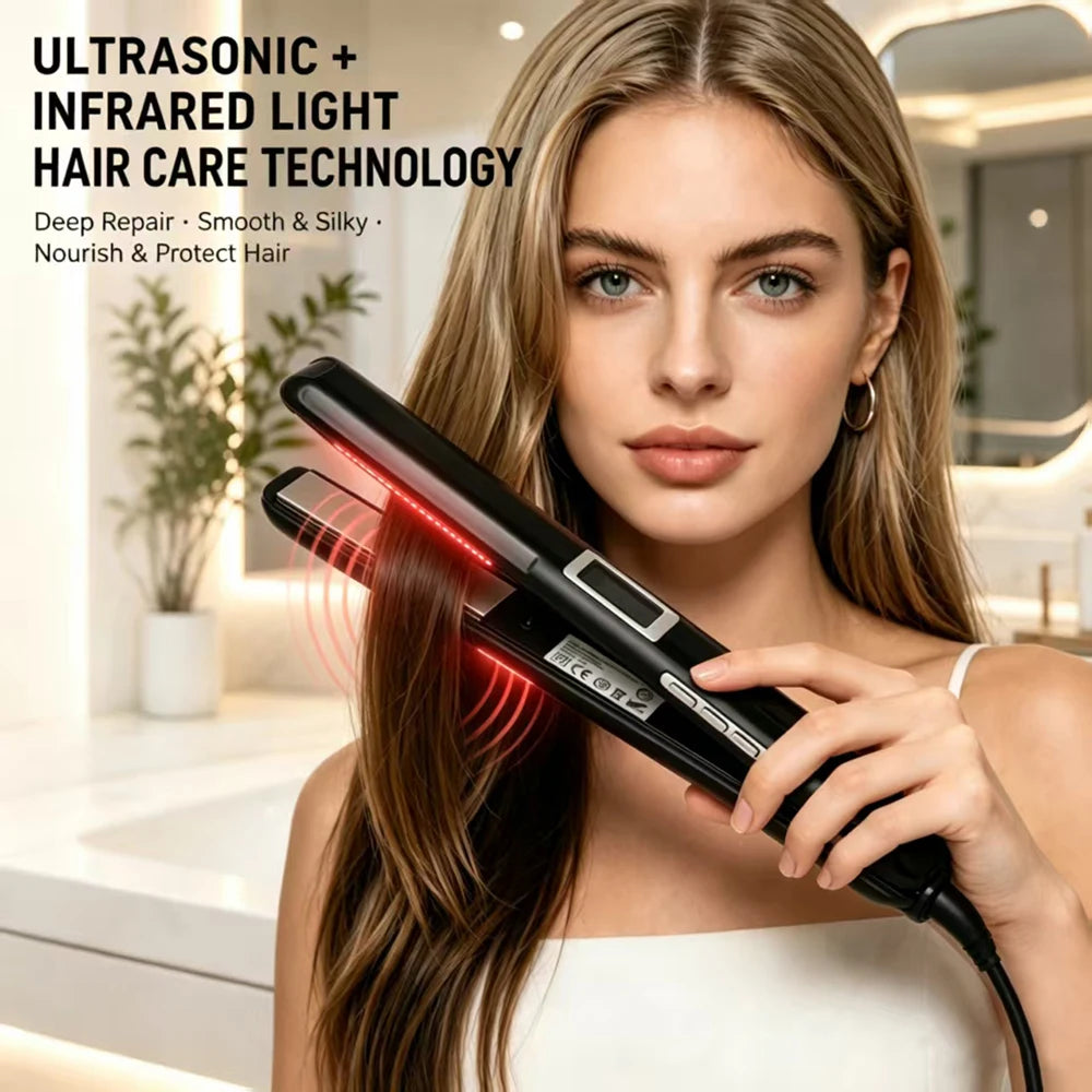 Plancha de pelo con placas de contacto frío, tratamiento capilar ultrasónico e infrarrojo, plancha plana sin calor en las placas, herramienta de estilismo y reparación capilar para salones.