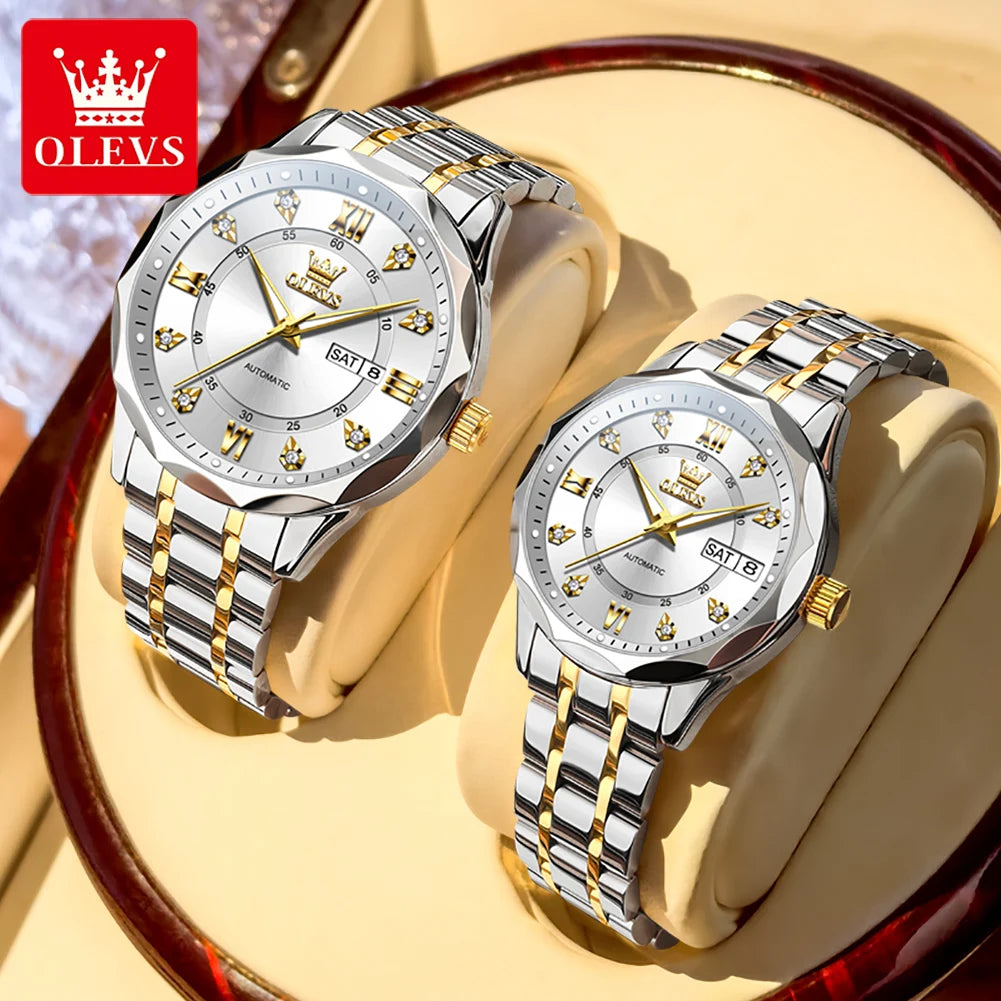 Relojes para pareja OLEVS 6727, marca de lujo, reloj mecánico automático, resistente al agua, luminoso, reloj de pulsera para pareja con día y fecha