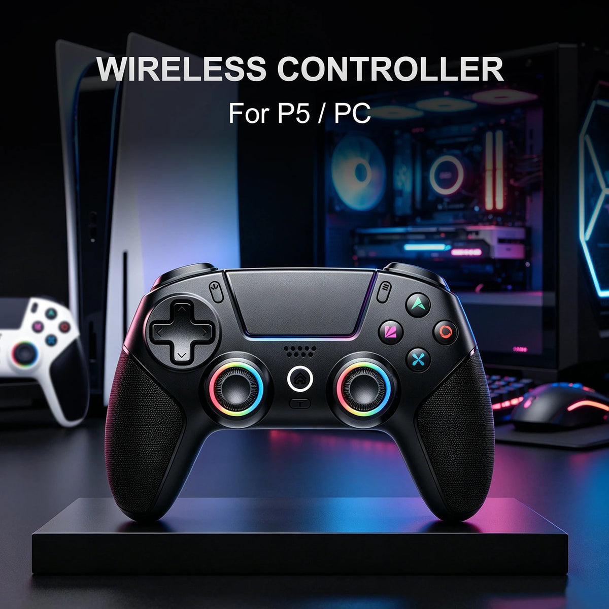 Mando inalámbrico negro con joysticks con aros RGB y cruceta en forma de cruz