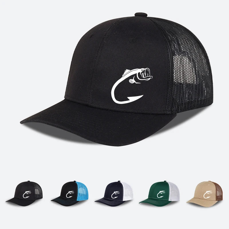 Gorra de camionero con estampado de anzuelo para pesca de lubina, ajustable, unisex, de malla, para pesca y protección solar