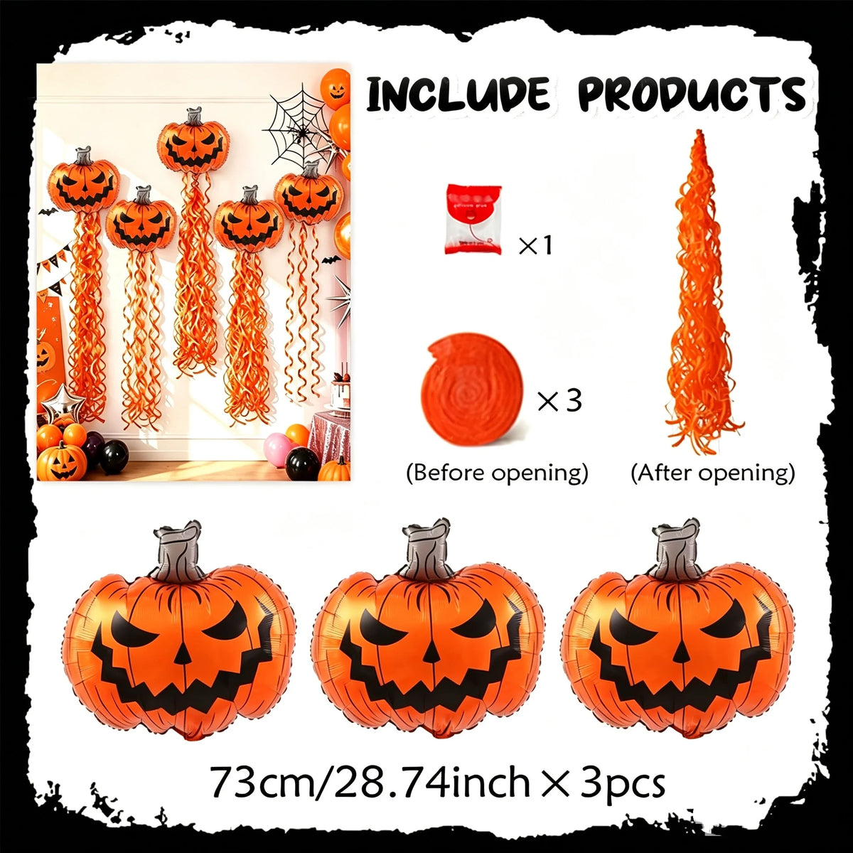 7 piezas: suministros de decoración para Halloween, globos de calabaza espeluznantes y juego de cortinas de lluvia con borlas en espiral, con puntos adhesivos, adecuados para fiestas de Halloween, recogida de dulces, f