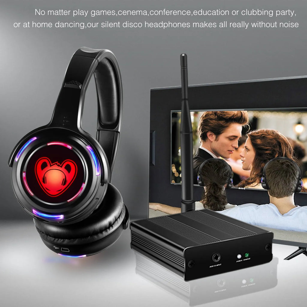El mejor sistema de auriculares para discoteca silencioso, auriculares LED intermitentes con transmisor de 3 canales y 500M, inalámbrico RF para iPod, MP3, DJ y música