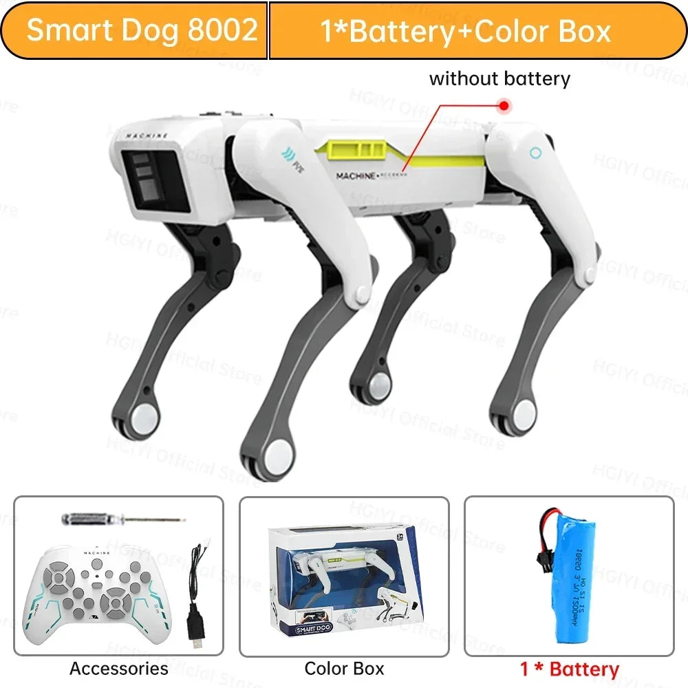 Perro robot blanco con control remoto, diseño compacto con patas grises