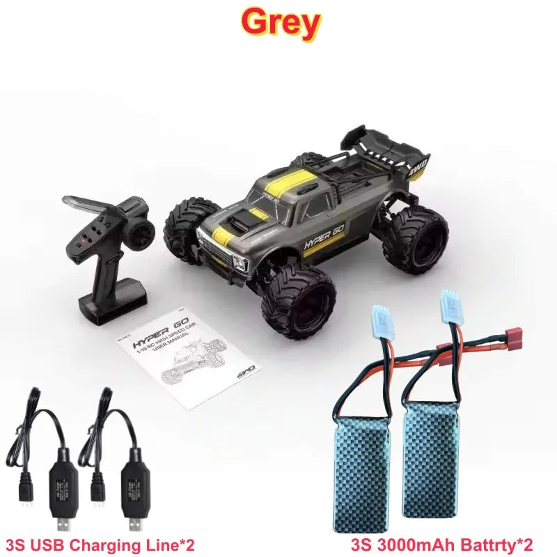 Coche RC todoterreno 4x4 gris con control, manual, cables USB y 2 baterías