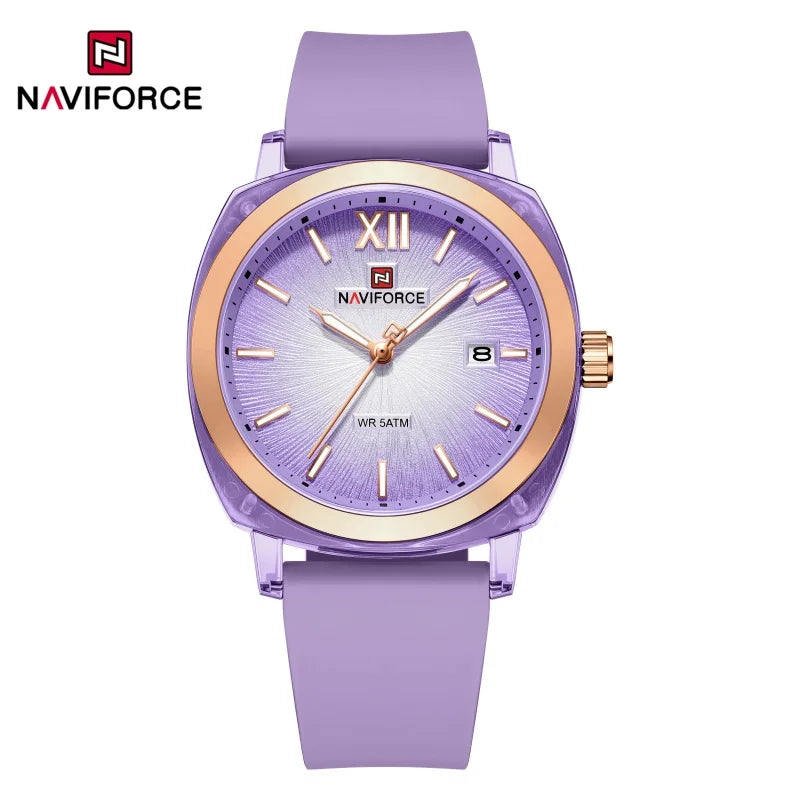Reloj de cuarzo sencillo para mujer NAVIFORCE, reloj de pulsera informal para dama, con calendario, manecillas luminosas, correa de silicona y resistente al agua 5ATM