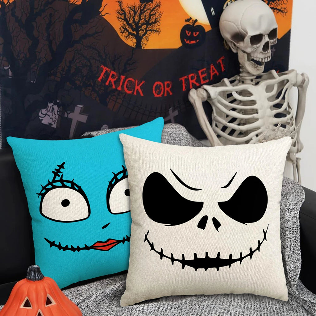 1 ud./4 Uds. Funda de almohada de Halloween, expresiones de terror de Halloween, decoración del hogar, funda de cojín para sofá y sala de estar