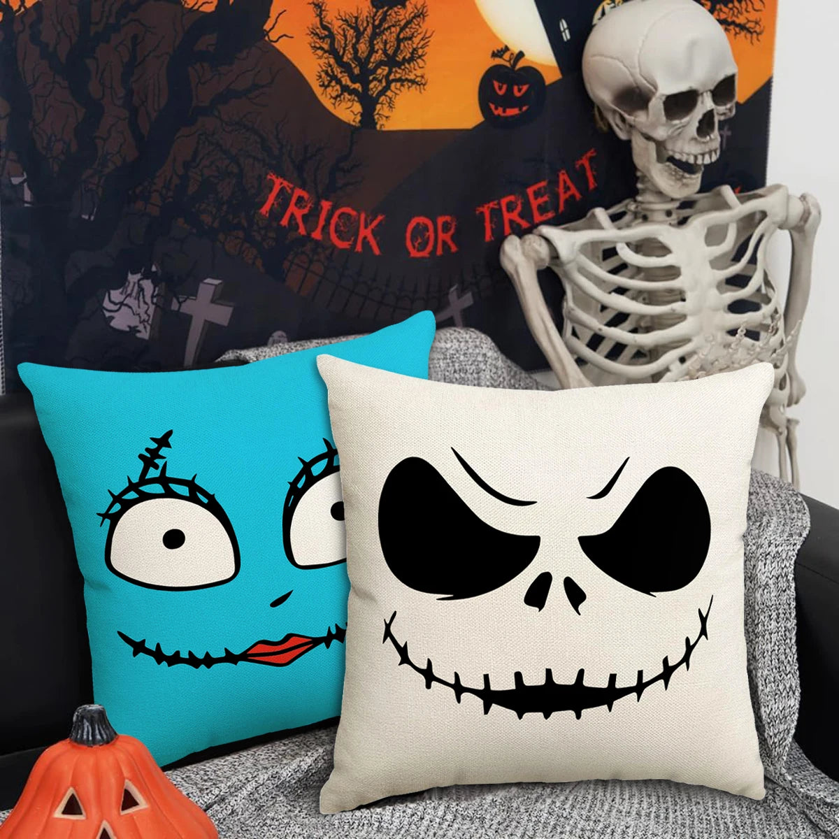 1 ud./4 Uds. Funda de almohada de Halloween, expresiones de terror de Halloween, decoración del hogar, funda de cojín para sofá y sala de estar