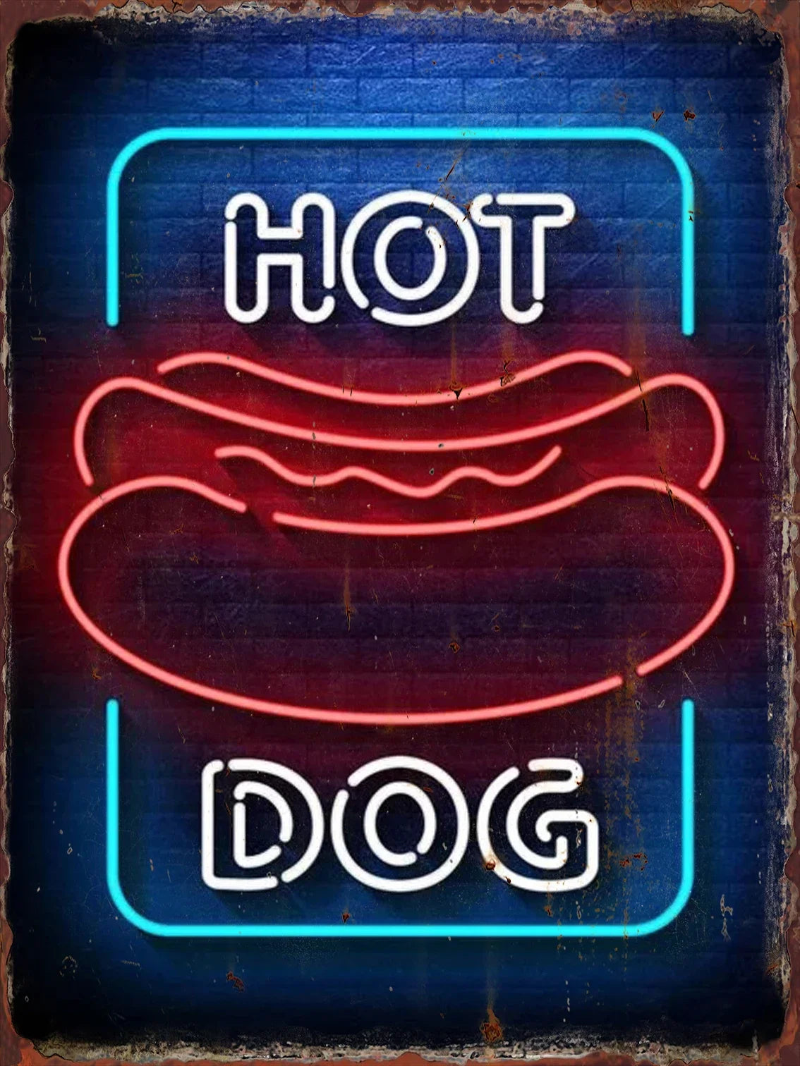 Letrero metálico de lata con neón de perrito caliente Hot Dog con texto DOG en rojo y azul