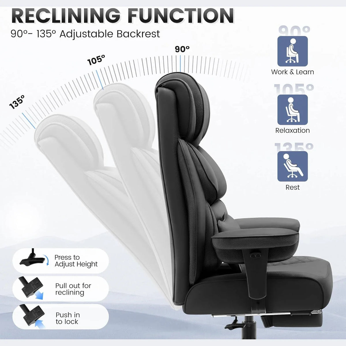 Silla de oficina negra reclinable con respaldo ajustable y reposapiés integrado