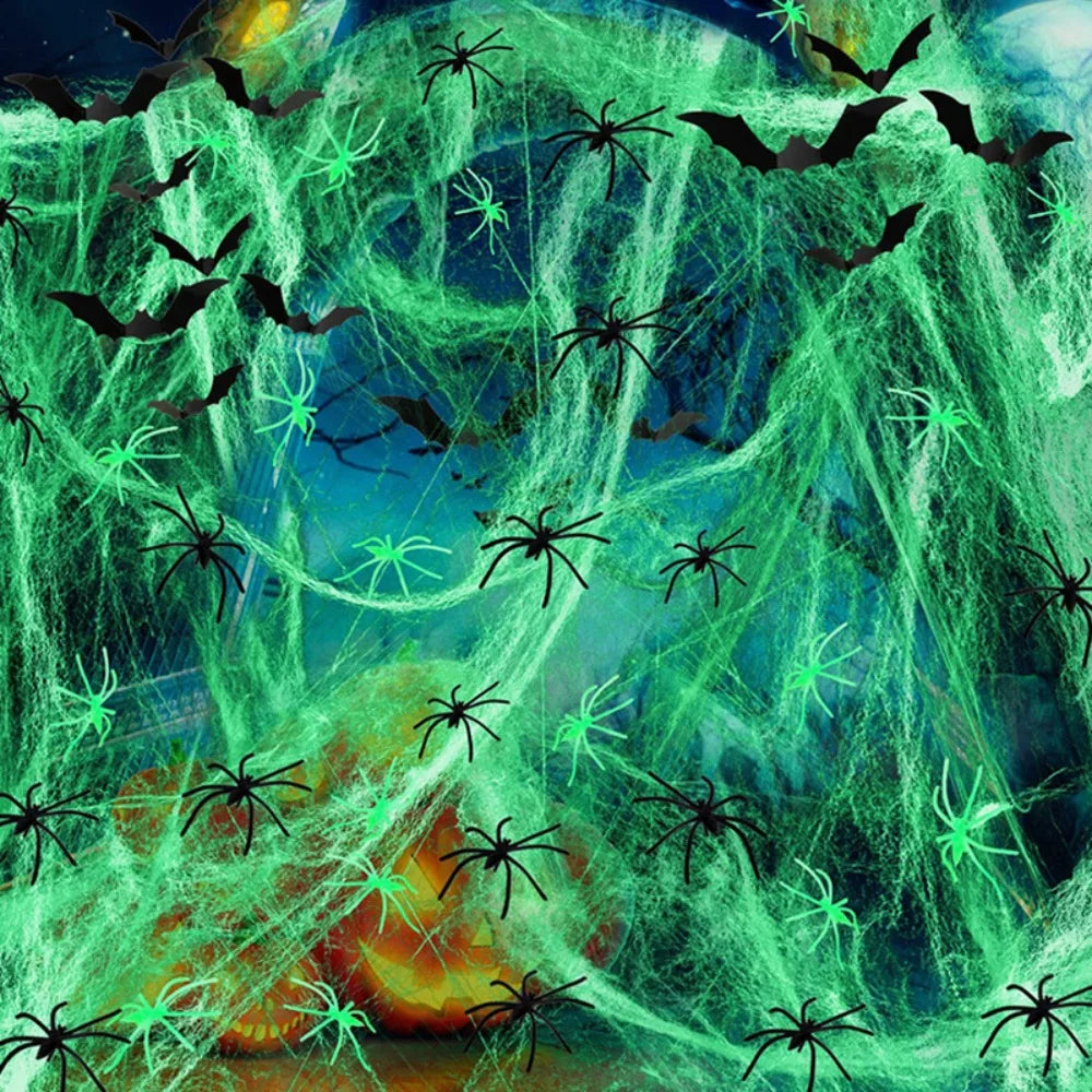 Decoración de Halloween con telarañas que brillan en la oscuridad, telarañas de algodón elásticas con arañas de imitación, decoración reutilizable para crear un ambiente de fiesta en una casa encantada.