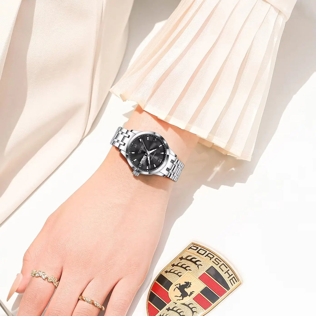 POEDAGAR Reloj de cuarzo de lujo para mujer, luminoso, de acero inoxidable, resistente al agua, con fecha y día, reloj de moda para mujer