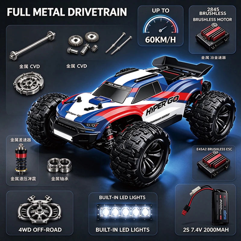 MJX Hyper Go, coche de control remoto 4WD a escala 1/16, motor sin escobillas, 60 km/h, control remoto 2.4G, camión de carreras todoterreno, juguete, regalo.