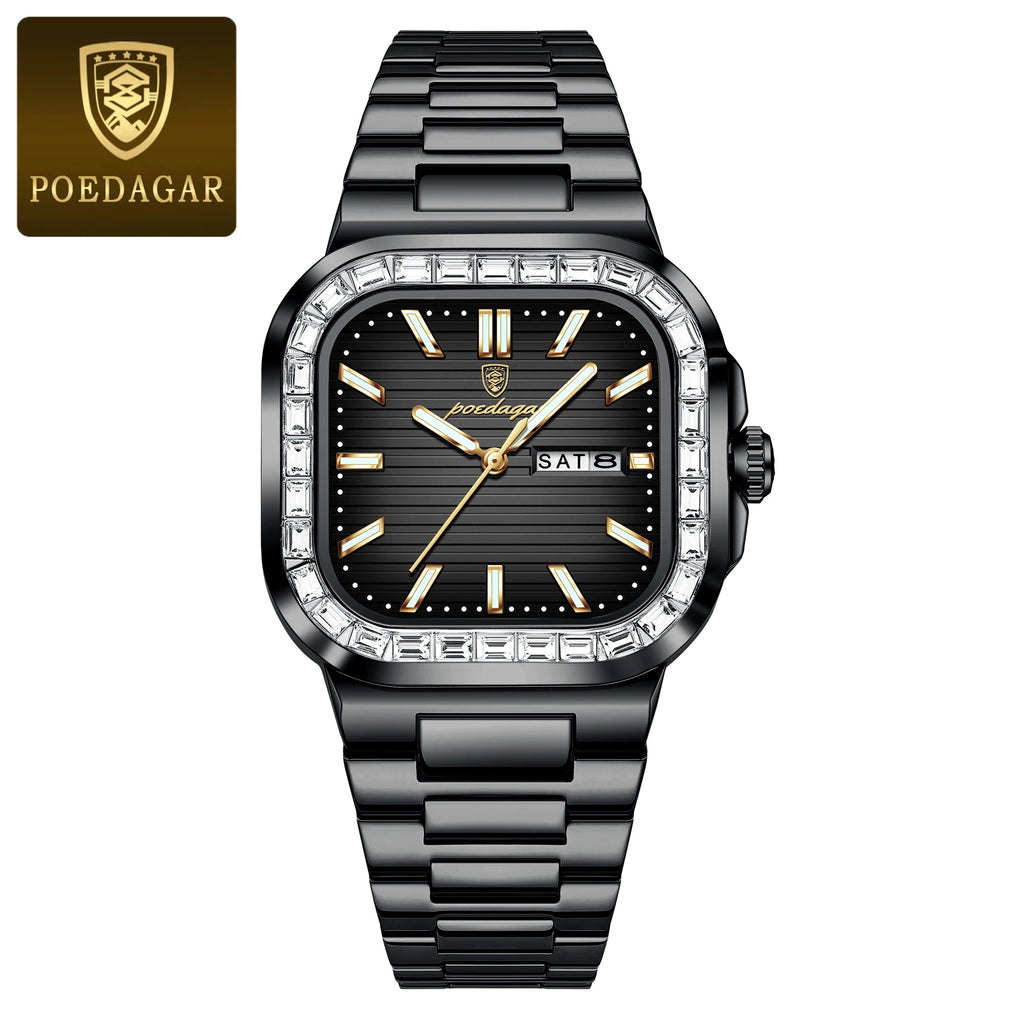 Reloj de cuarzo cuadrado para hombre POEDAGAR, a la moda, con fecha, semana, resistente al agua y luminoso, reloj de pulsera deportivo de lujo en acero inoxidable para hombre