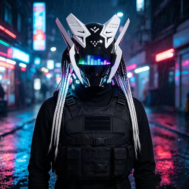 Cyberpunk máscara futurista Techwear, decoración de casco de Cosplay de Halloween con trenza ligera y sucia, Caballero de estilo guerrero japonés Sty
