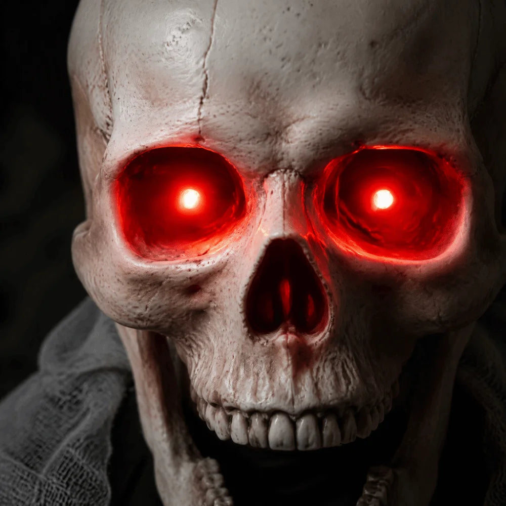 Fantasma de Halloween con Control por Voz, Ojos Rojos Brillantes, Movimiento Automático de Ambas Manos, Cabeza de Zombi Sangrienta que se Balancea en el Patio