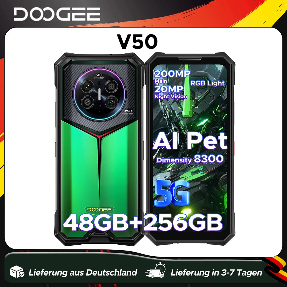 Teléfono resistente DOOGEE V50 5G Dimensity 8300, 48 GB de RAM (12+36) y 256 GB de ROM, batería de 11 000 mAh, pantalla de 6,78'', cámara cuádruple con IA, smartphone con Android 16