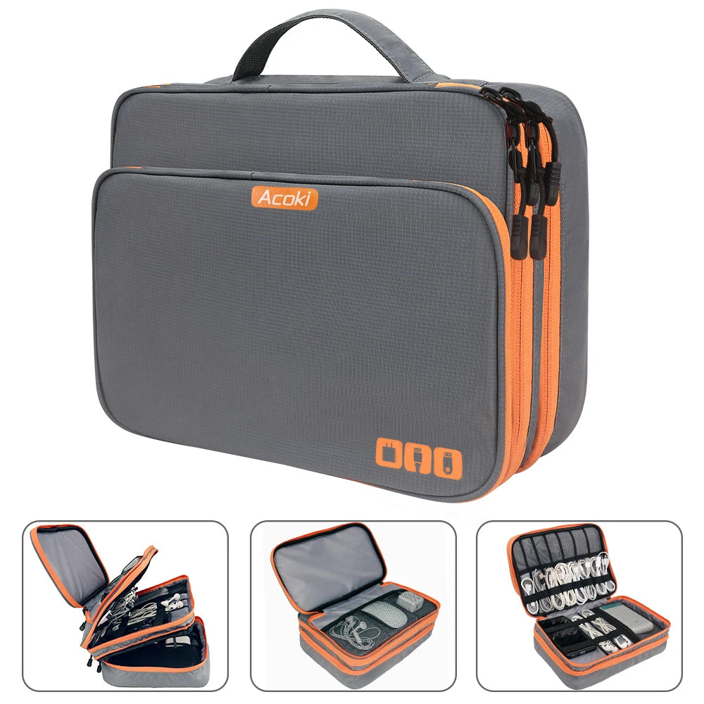 Organizador de accesorios electrónicos multicapa, bolso de almacenamiento con bolsillo frontal, organizador de cables de viaje de gran capacidad para iPad
