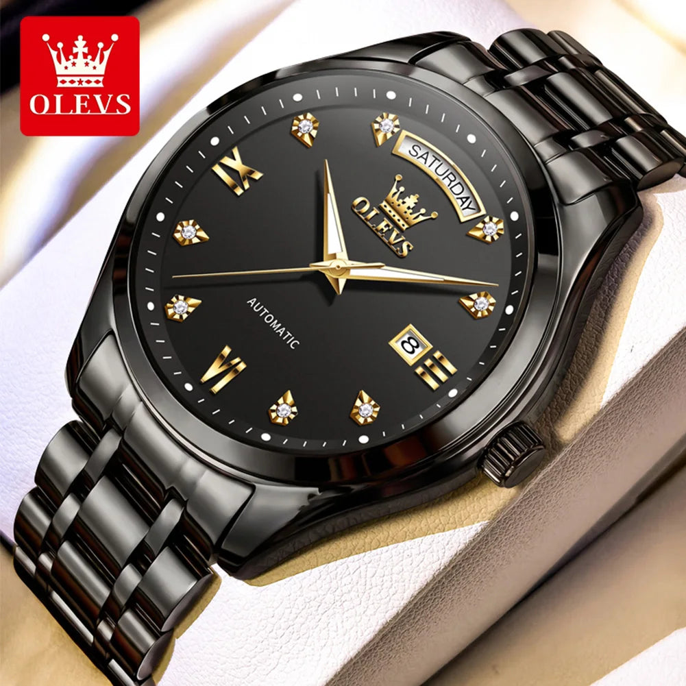 Reloj original de la marca OLEVS 6752 para hombre, reloj mecánico sencillo de lujo con correa de acero y caja de regalo.