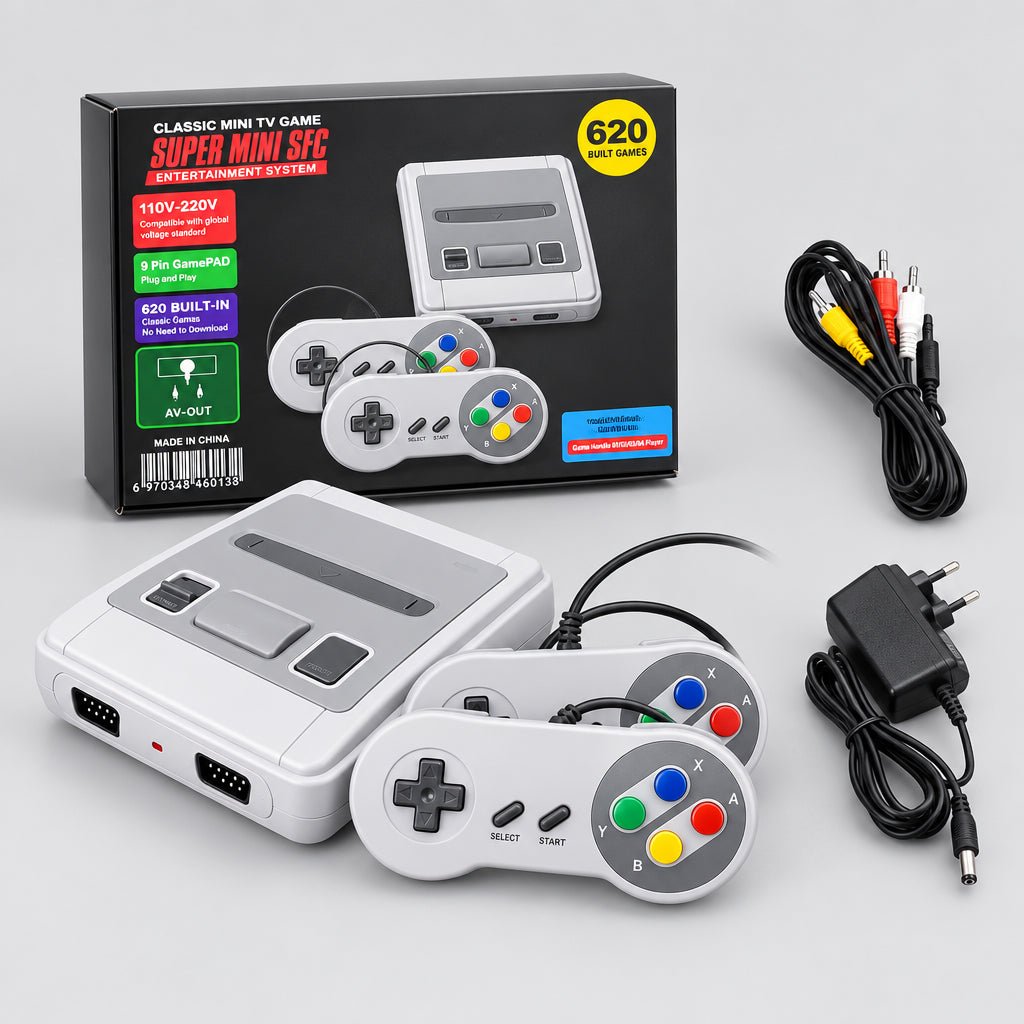 Consola retro portátil blanca con mando cableado y salida AV