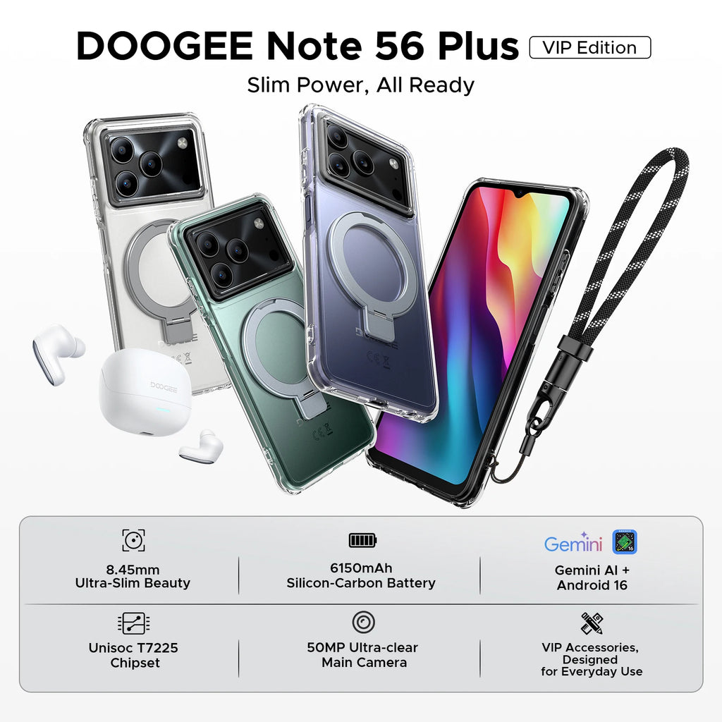 Teléfono inteligente DOOGEE Note56 Plus VIP Edition Android 16 Gemini AI, batería de 6150 mAh, 48 GB de RAM (6+42), 256 GB de ROM, cámara de 50 MP