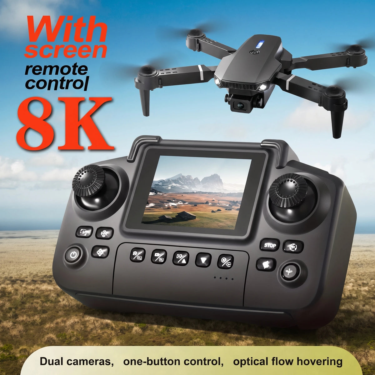 Dron plegable negro con cámara y mando con pantalla LCD; control remoto.