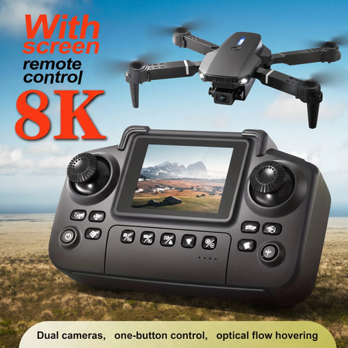 Dron plegable negro con cámara y mando con pantalla LCD; control remoto.