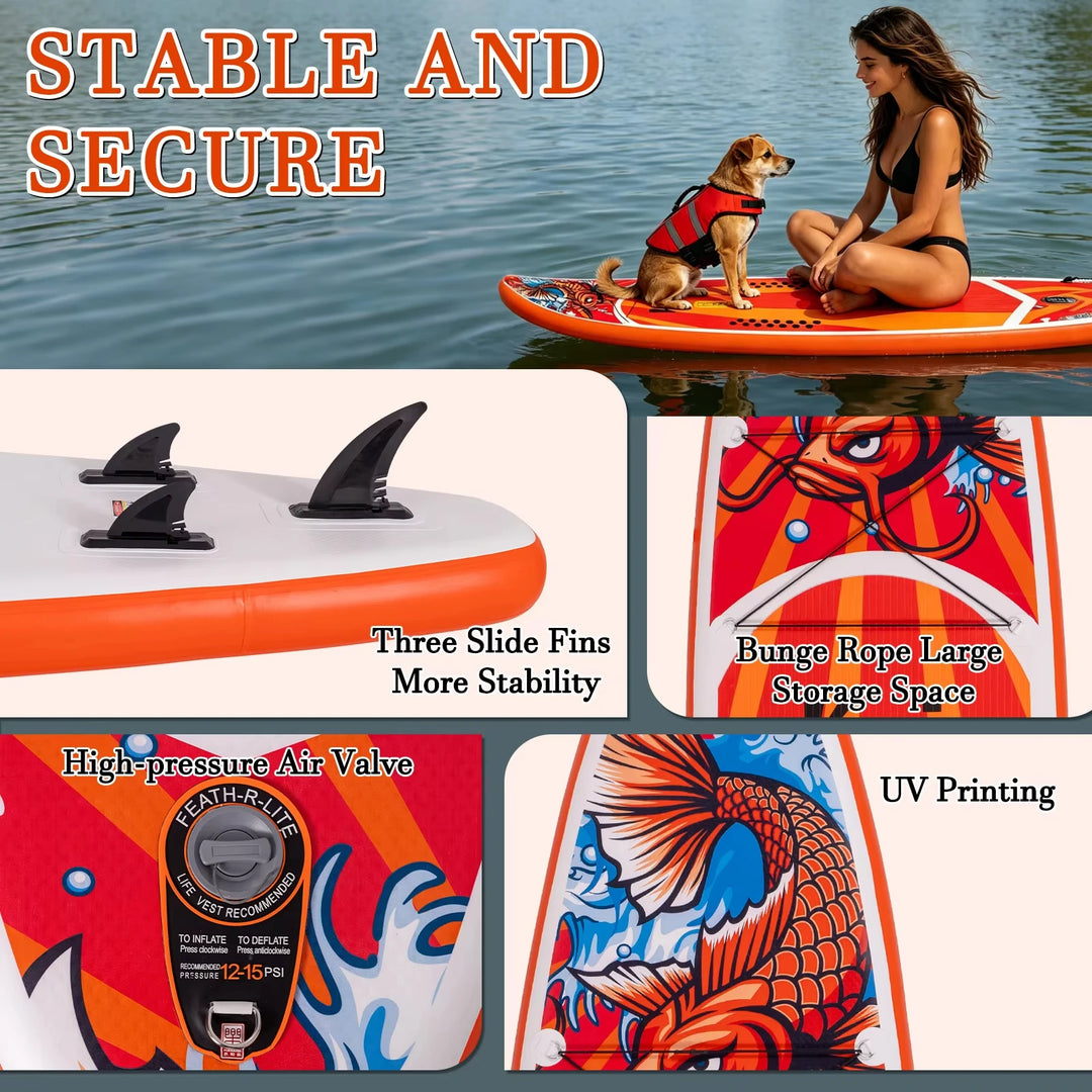 Tabla de Paddle Surf Inflable FeathRLite SUP 350x83x15cm SUPFR01E Diseño Koi Dragon con Remo, Bomba, Mochila, 3 Aletas, Correa, Bolsa Impermeable, Cubierta Antideslizante de EVA para Adultos, Principiantes, Yoga, Pesca, Play