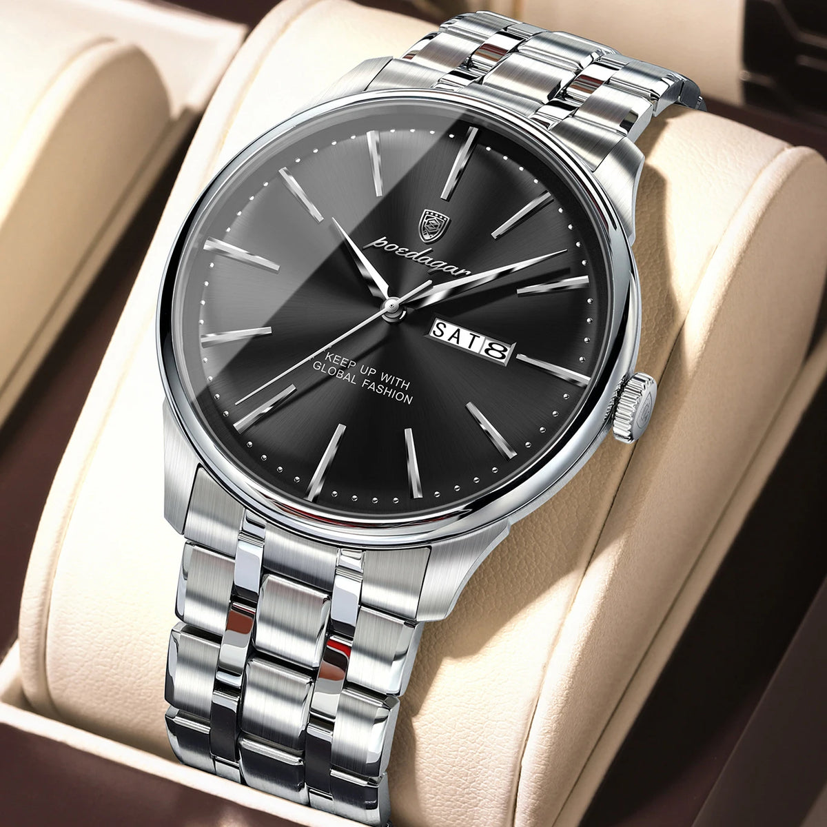 Reloj de cuarzo POEDAGAR para hombre, estilo ejecutivo, resistente al agua, de acero inoxidable, elegante, color dorado, con fecha y día
