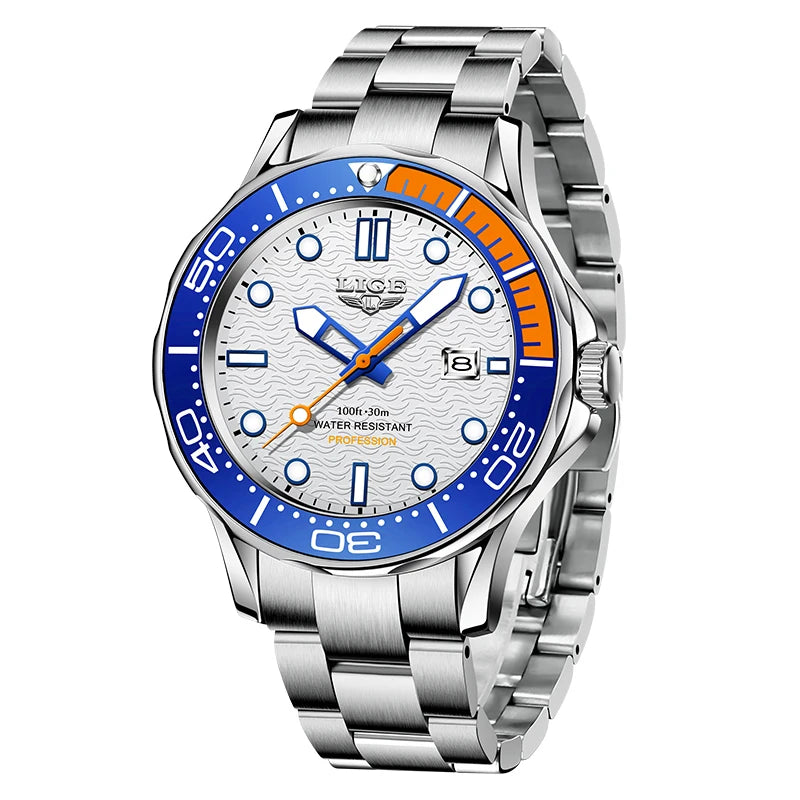 LIGE Nuevo Reloj de Negocios para Hombre, Reloj de Buceo de Lujo de Marca Superior en Azul para Hombre, Reloj Deportivo Impermeable con Fecha, Relogio Masculino, con Caja