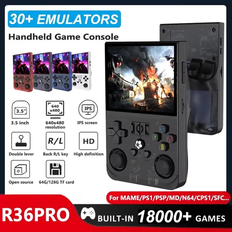 Consola de juegos portátil retro R36PRO, sistema Linux, pantalla IPS de 3,5 pulgadas, reproductor de video de bolsillo portátil, doble joystick, 64 GB 128 GB juegos