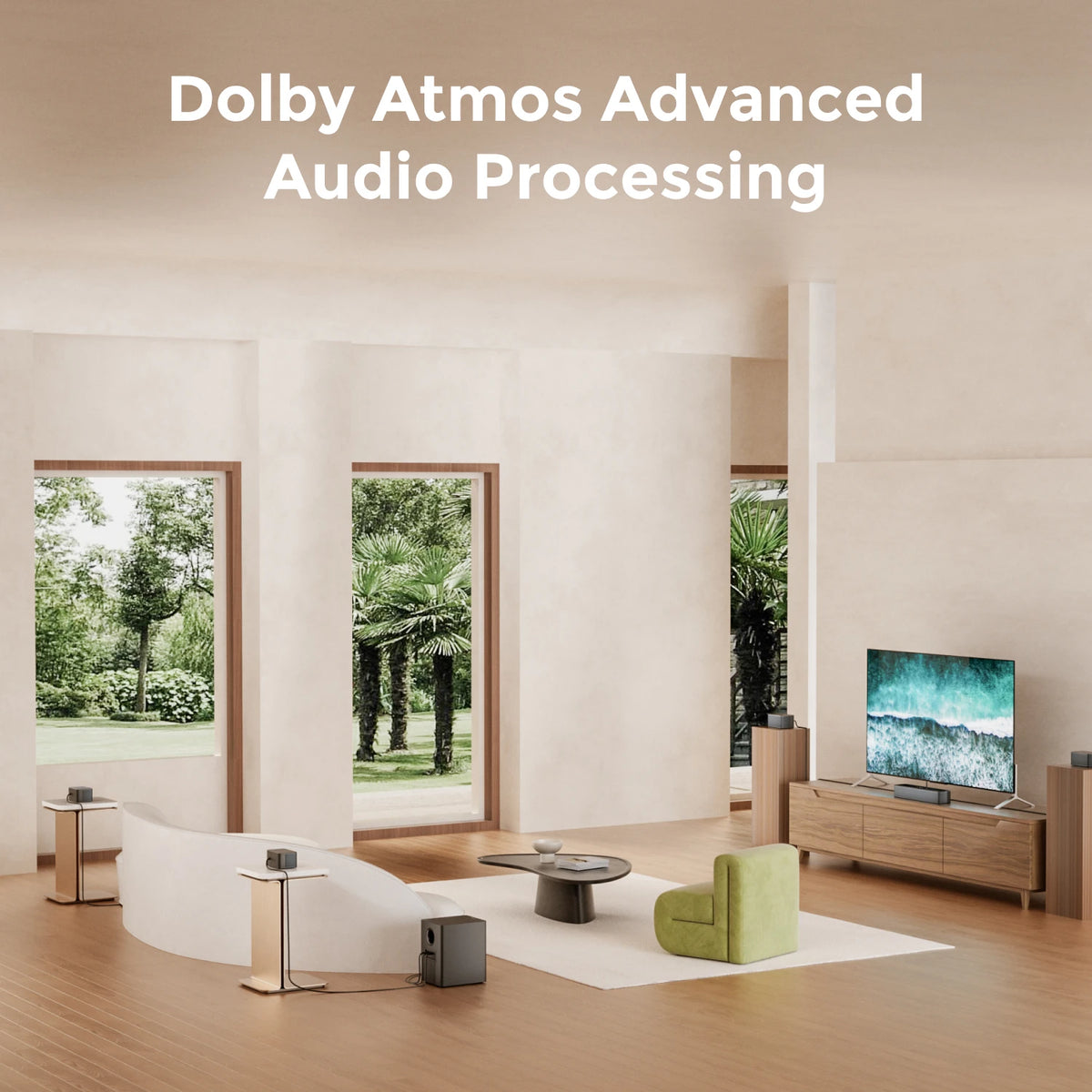 Barra de sonido con altavoces para Dolby Atmos en sala de estar