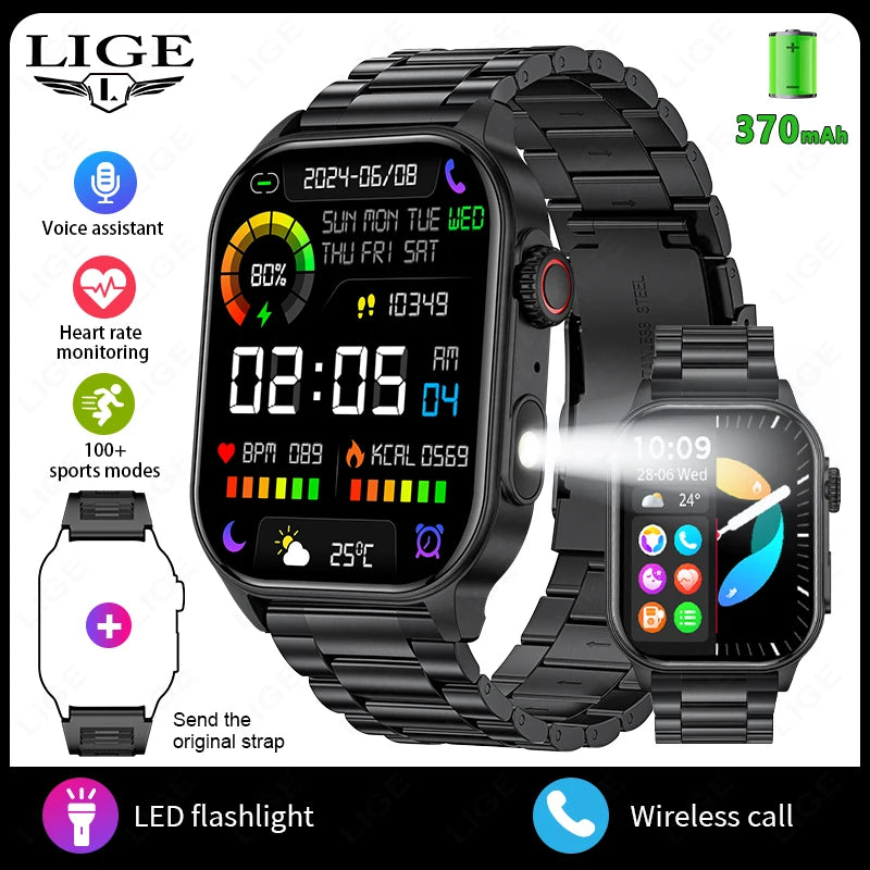 LIGE 2026 New Women Smart Watch Flashlight 2.01” HD Display AI Voice Bluetooth Call Sports Watches Health Monitor Smartwatch Men