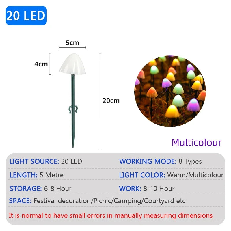LEDsolar Mushroom Lawn Lamp Outdoor Waterproof 8-mode Fairy Path Landscape Lamp Courtyard Terrace Garden Decorative Light String