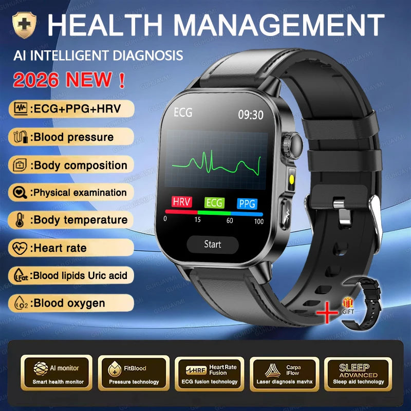 Nuevo reloj inteligente para hombres con diagnóstico de salud preciso ECG, presión arterial, oxígeno en sangre, grasa en sangre, ácido úrico, temperatura y llamadas Bluetooth