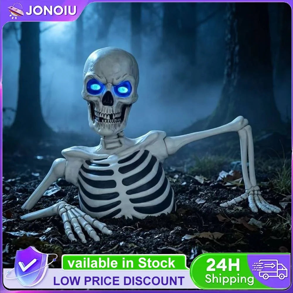 Halloween Giant Graveyard Skull Prop Breaking Ground LED Glowing Eyes Adjustable Arms Outdoor Yard Decor
