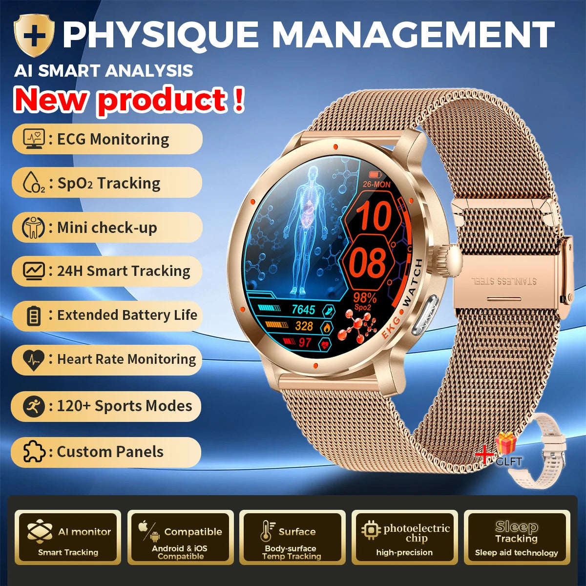 Reloj inteligente LIGE 2026 con diagnóstico por IA, ECG+PPG, ácido úrico preciso, oxígeno en sangre, grasa corporal, deportes, fitness, resistente al agua, reloj inteligente de salud