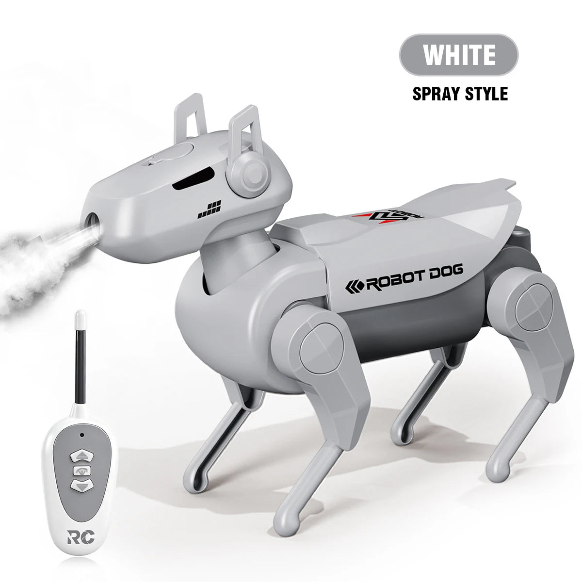 Perro robot RC blanco en modo pulverización con boquilla y mando a distancia