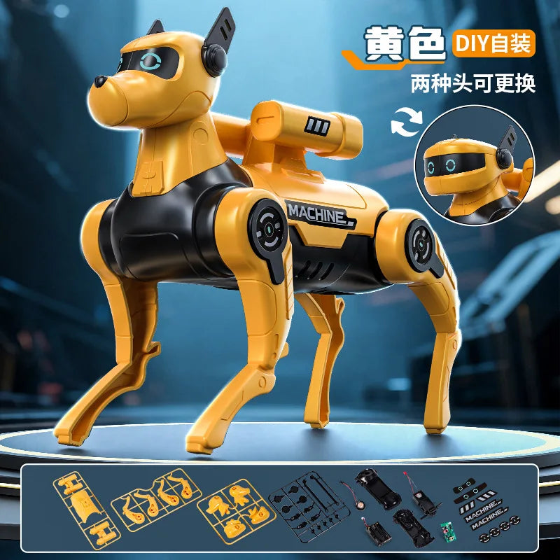 Perro robot amarillo con piezas desmontables y panel de montaje incluido