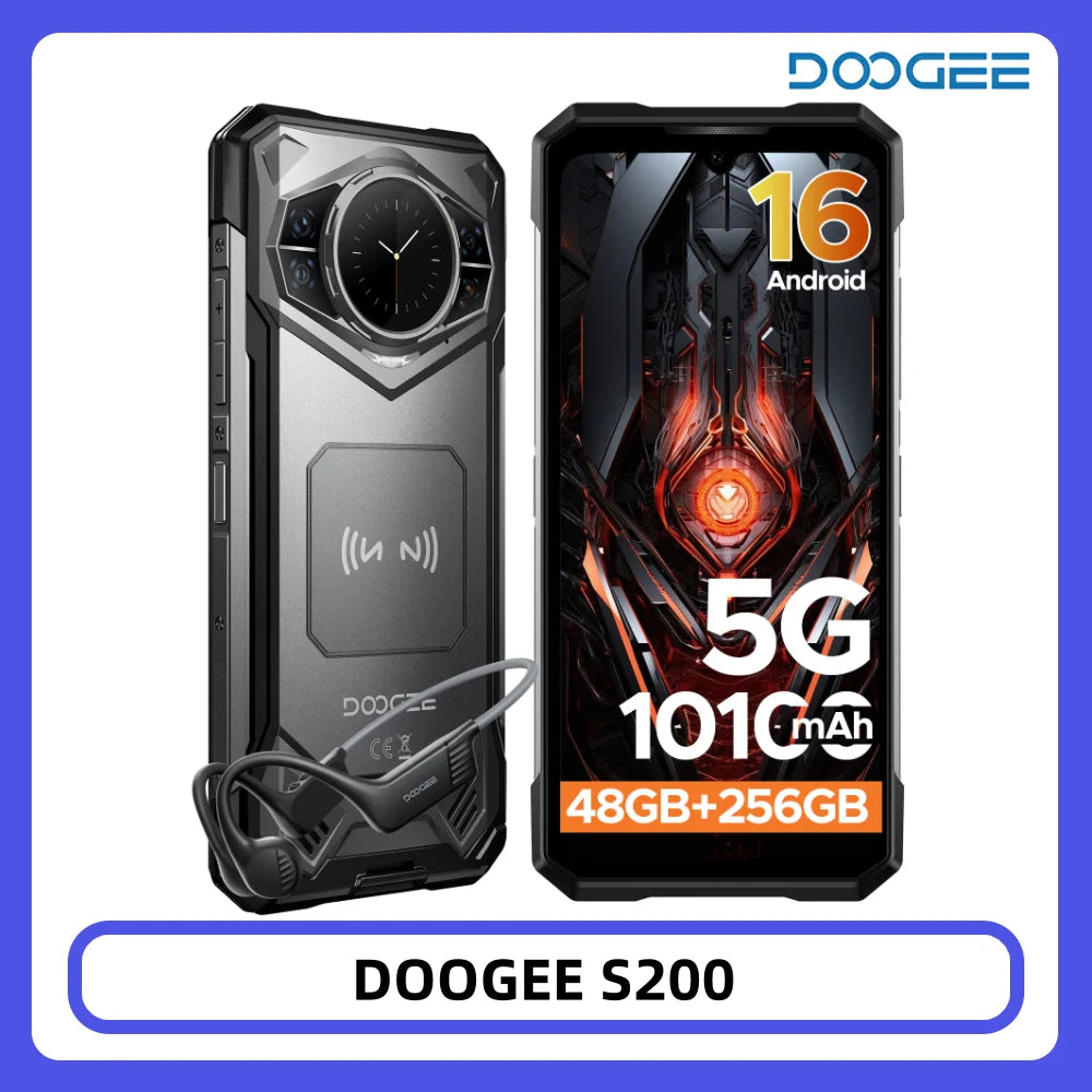 Smartphone resistente DOOGEE S200 48GB + 256GB Dimensity 7050 Pantalla de 6.72" 120Hz Cámara de 100MP Batería de 10100mAh NFC Android 16