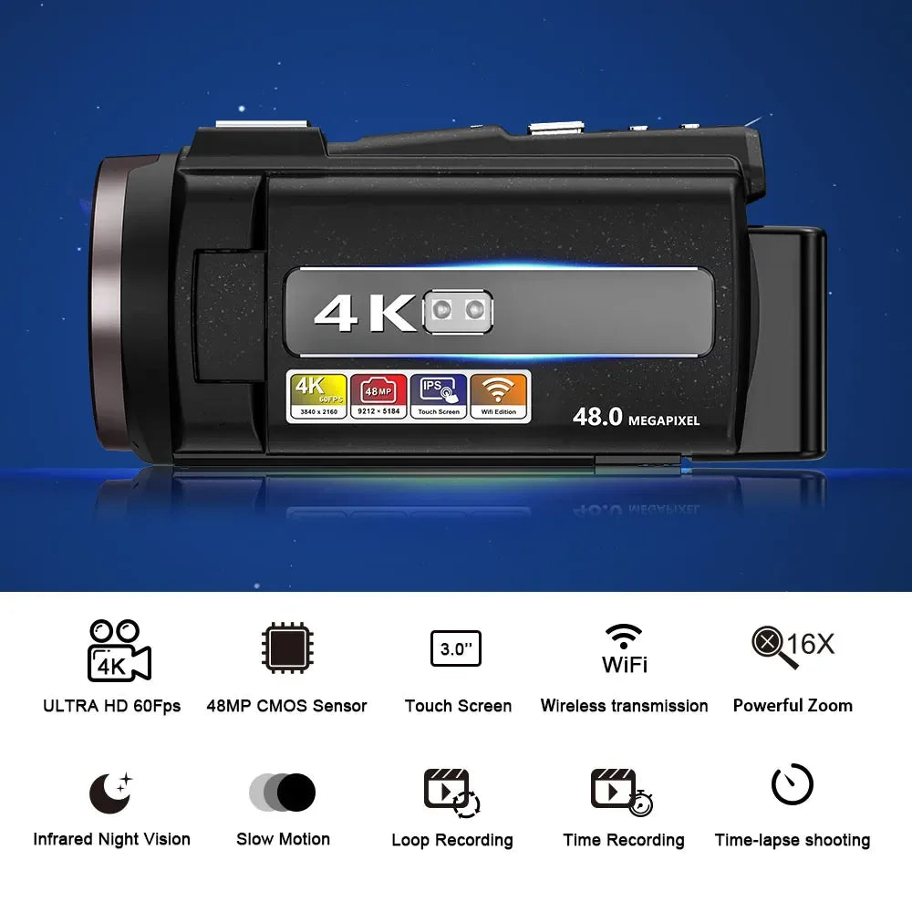 Videocámara Digital WIFI 4K Full HD, grabadora DV16X de 16MP, batería de alta capacidad de 2000mAh, pantalla de rotación de 270 grados, Zoom de disparo nocturno