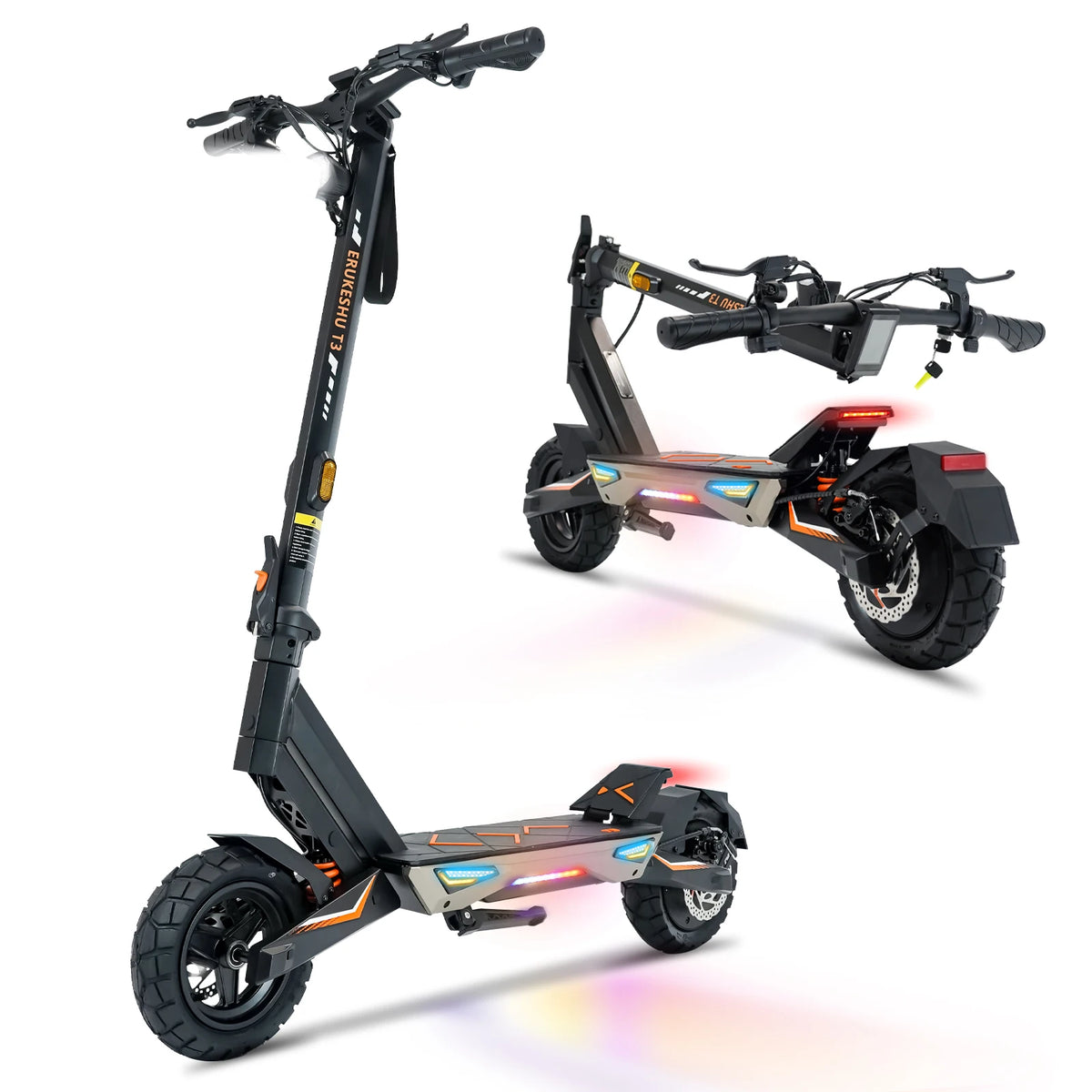 Patinete eléctrico negro y naranja, vista completa en ángulo, ruedas todoterreno