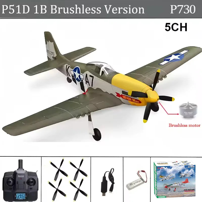 Avión RC 2026 de 5 Canales, 2.4G, P51D Mustang, Ala Fija, Envergadura de 510 mm, 3D/6G con Giroscopio y Motor sin Escobillas, Juguete de Combate para Exteriores