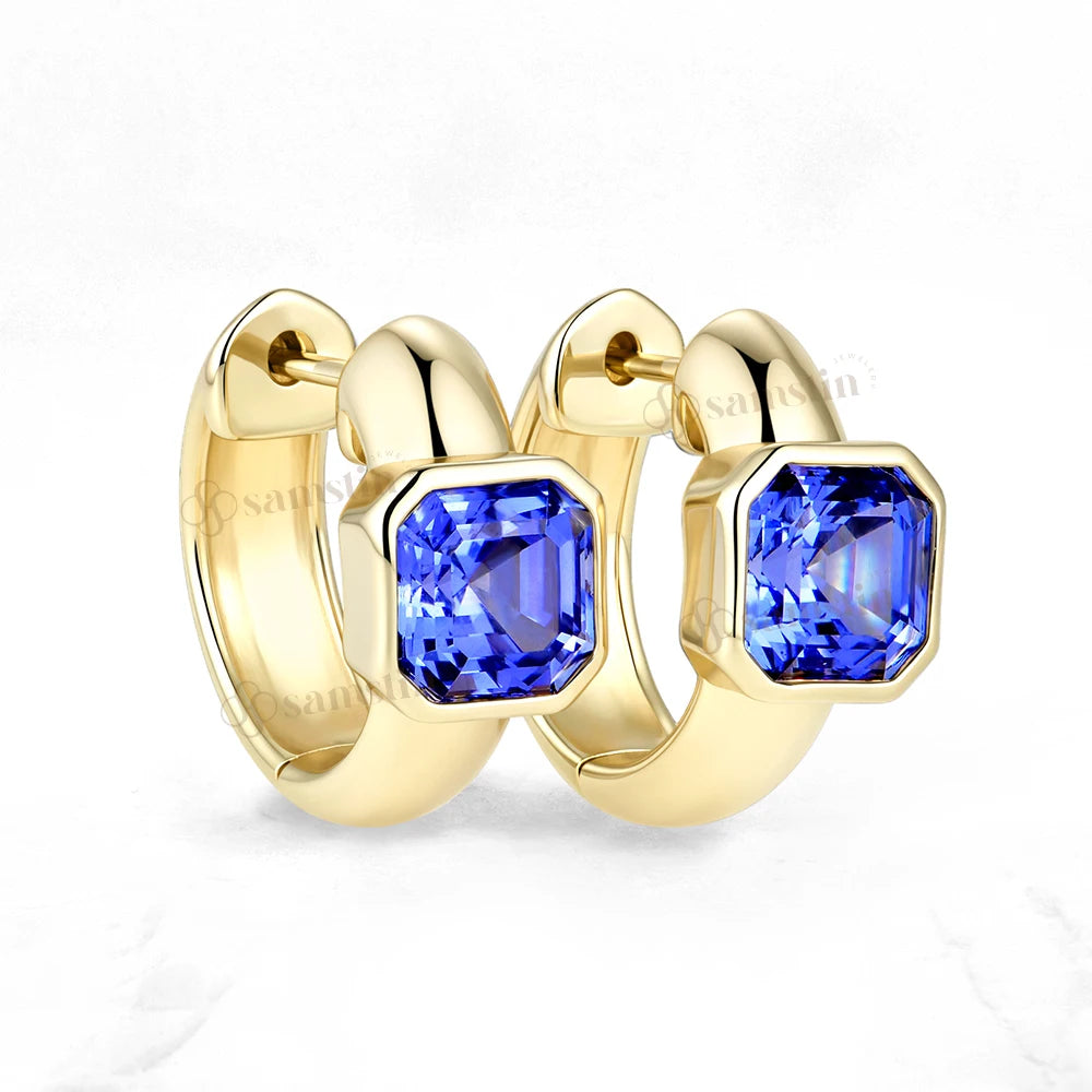 Pendientes de Aro Personalizados Samstin con 4CTW de Zafiro Azul Sintético para Mujer, Oro Amarillo Sólido de 14K 10K, para Regalos de Navidad y Fiestas