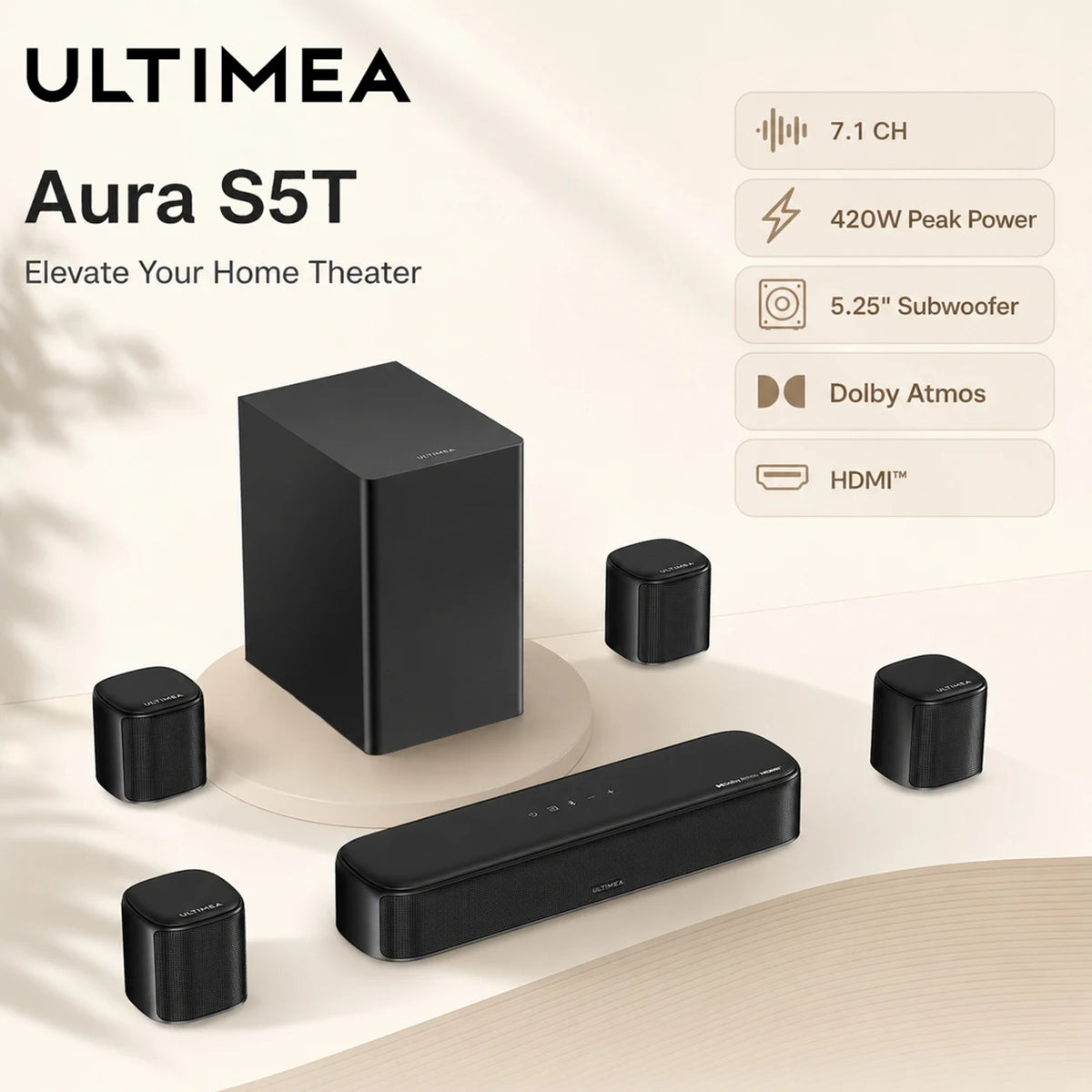 Sistema de barra de sonido negra con subwoofer de 5,25" y altavoces satélite 7.1ch